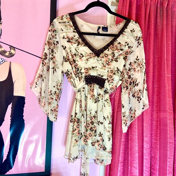 Y2k Vintage Floral Fairycore Boho Chiffon Kimono Sleeve Blouse Women’s Large - Picture 1 of 6